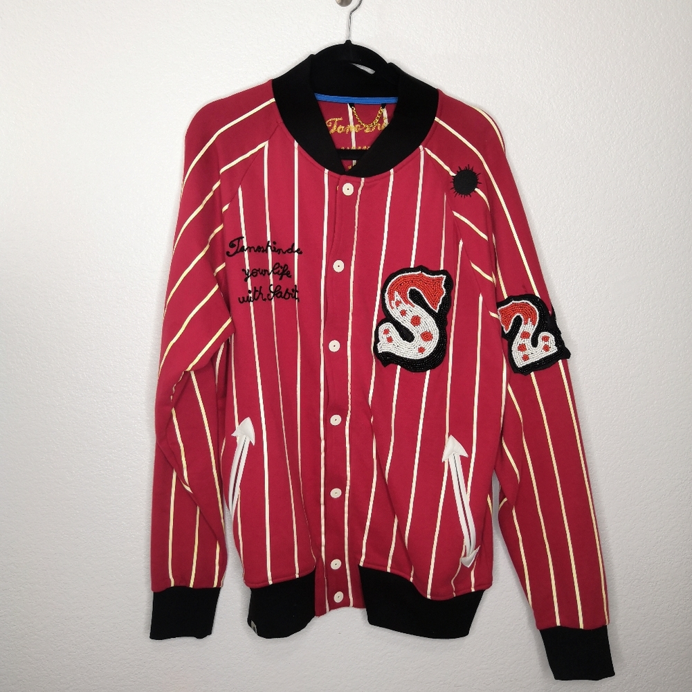 *Sabit NYC Red White Pin Stripe Letterman Knit Jacket with Beading &Embrodiery